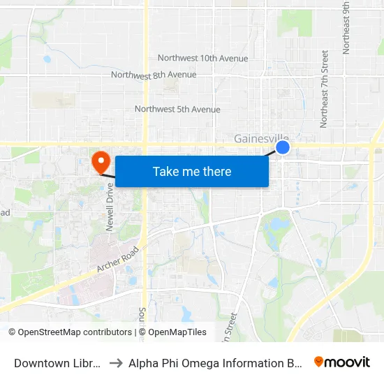 Downtown Library to Alpha Phi Omega Information Booth map