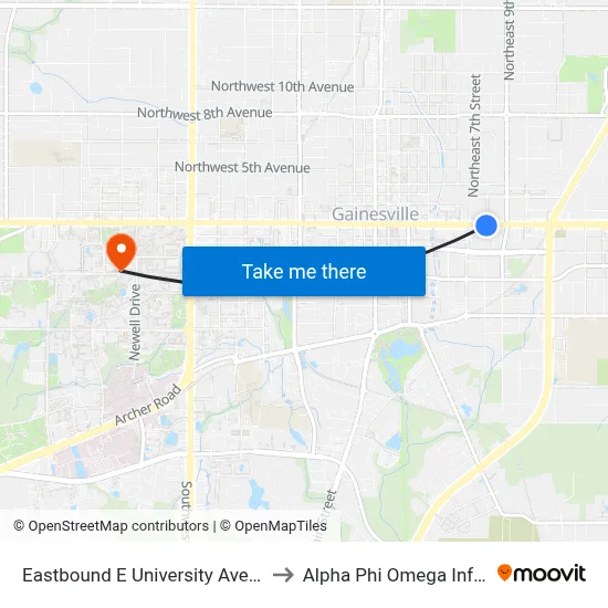 Eastbound E University Avenue @ SE 8th Street to Alpha Phi Omega Information Booth map