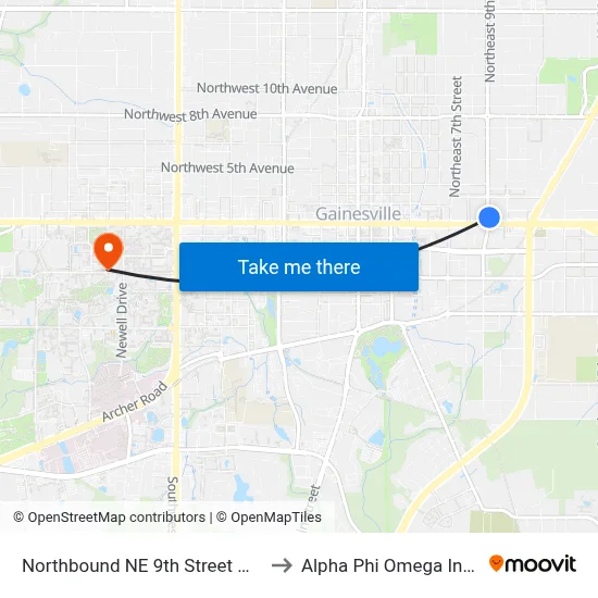 Northbound NE 9th Street @ E University Avenue to Alpha Phi Omega Information Booth map