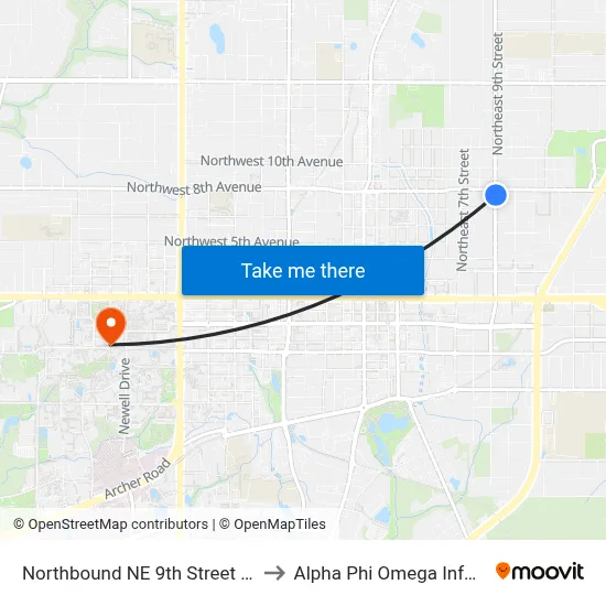 Northbound NE 9th Street @ NE 8th Avenue to Alpha Phi Omega Information Booth map