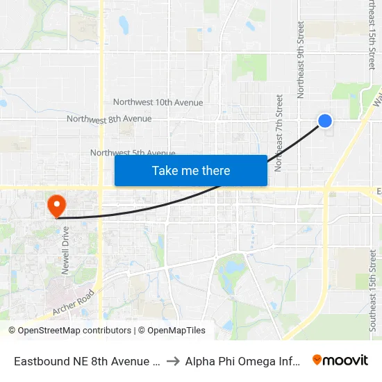 Eastbound NE 8th Avenue @ NE 11th Street to Alpha Phi Omega Information Booth map