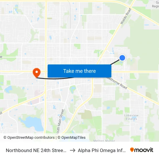 Northbound NE 24th Street @ NE 8th Avenue to Alpha Phi Omega Information Booth map