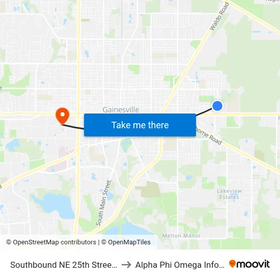 Southbound NE 25th Street @ NE 3rd Place to Alpha Phi Omega Information Booth map