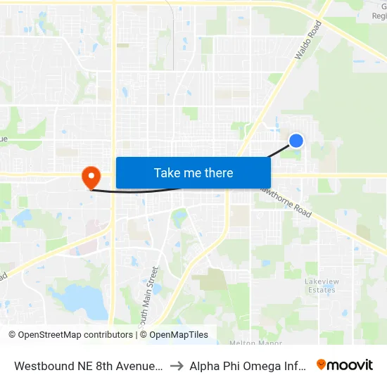 Westbound NE 8th Avenue @ NE 23nd Street to Alpha Phi Omega Information Booth map