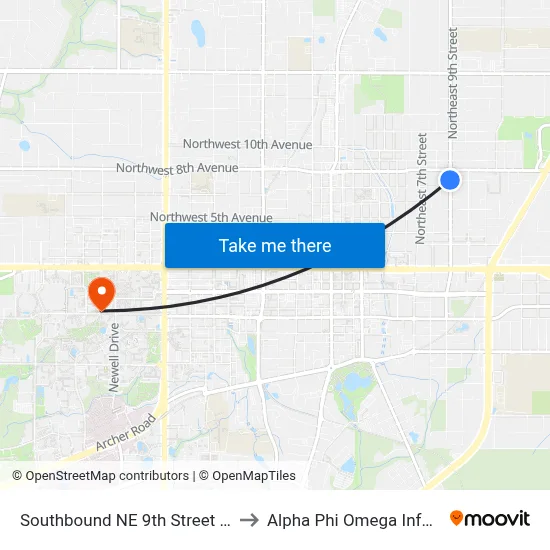 Southbound NE 9th Street @ NE 7th Avenue to Alpha Phi Omega Information Booth map