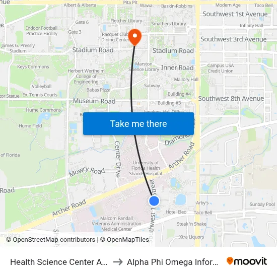 Health Science Center Administration to Alpha Phi Omega Information Booth map
