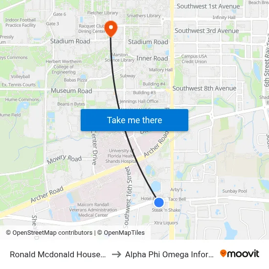 Ronald Mcdonald House Of Gainesville to Alpha Phi Omega Information Booth map
