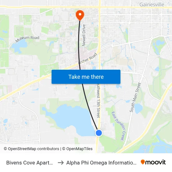 Bivens Cove Apartments to Alpha Phi Omega Information Booth map