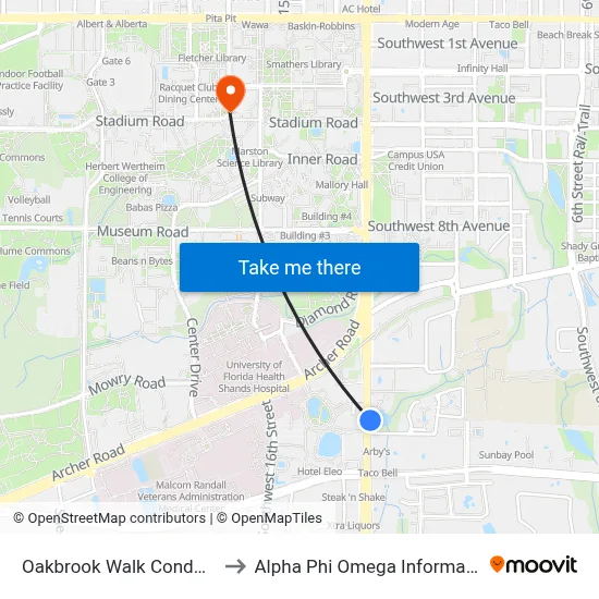 Oakbrook Walk Condominiums to Alpha Phi Omega Information Booth map