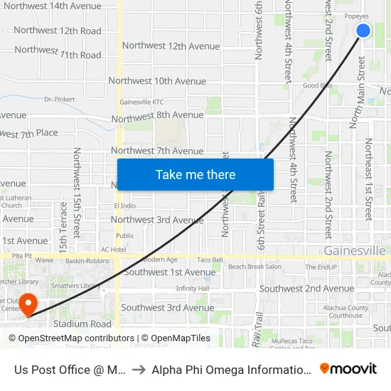 Us Post Office @ Main St to Alpha Phi Omega Information Booth map
