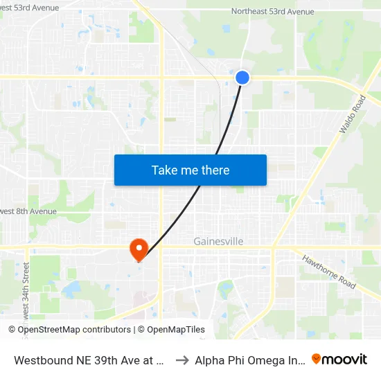 Westbound NE 39th Ave at Main St - Gsville Nissan to Alpha Phi Omega Information Booth map