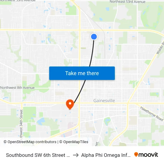 Southbound SW 6th Street @ NW 36th Avenue to Alpha Phi Omega Information Booth map
