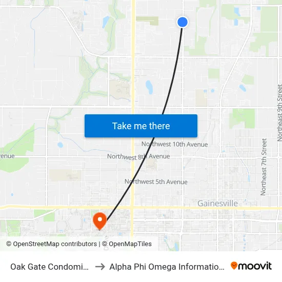 Oak Gate Condominiums to Alpha Phi Omega Information Booth map