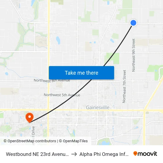 Westbound NE 23rd Avenue @ NE 9th Street to Alpha Phi Omega Information Booth map