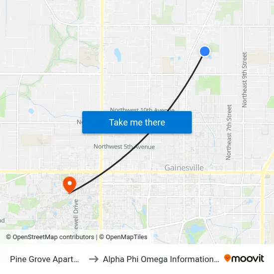 Pine Grove Apartments to Alpha Phi Omega Information Booth map