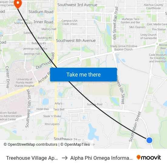 Treehouse Village Apartments to Alpha Phi Omega Information Booth map