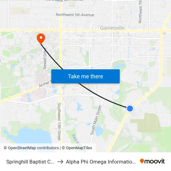 Springhill Baptist Church to Alpha Phi Omega Information Booth map