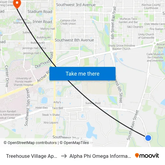 Treehouse Village Apartments to Alpha Phi Omega Information Booth map