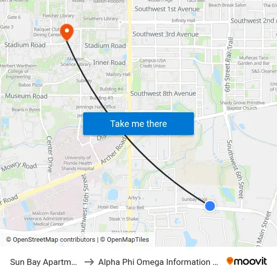 Sun Bay Apartments to Alpha Phi Omega Information Booth map