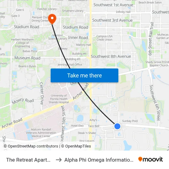 The Retreat Apartments to Alpha Phi Omega Information Booth map