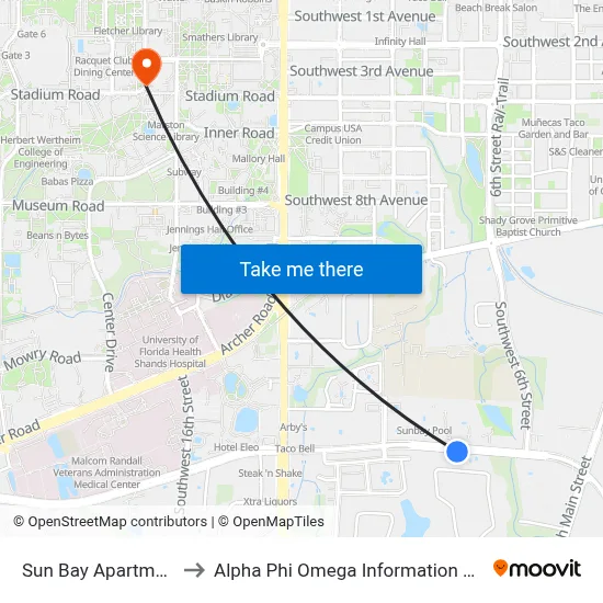 Sun Bay Apartments to Alpha Phi Omega Information Booth map
