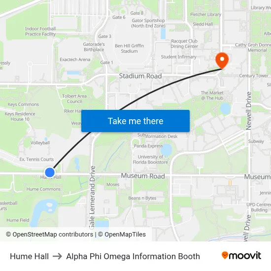 Hume Hall to Alpha Phi Omega Information Booth map