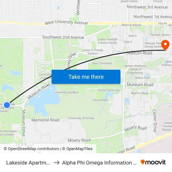 Lakeside Apartments to Alpha Phi Omega Information Booth map