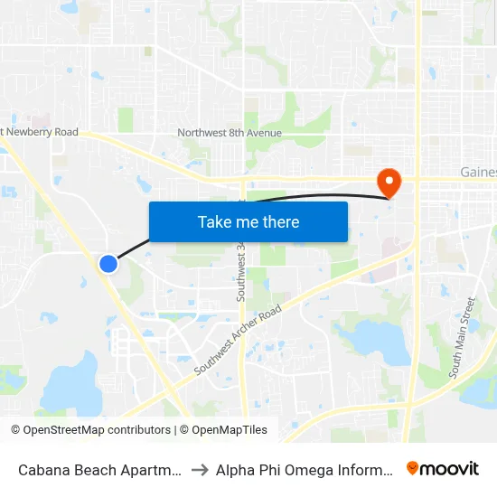 Cabana Beach Apartments (Exit) to Alpha Phi Omega Information Booth map