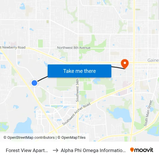 Forest View Apartments to Alpha Phi Omega Information Booth map