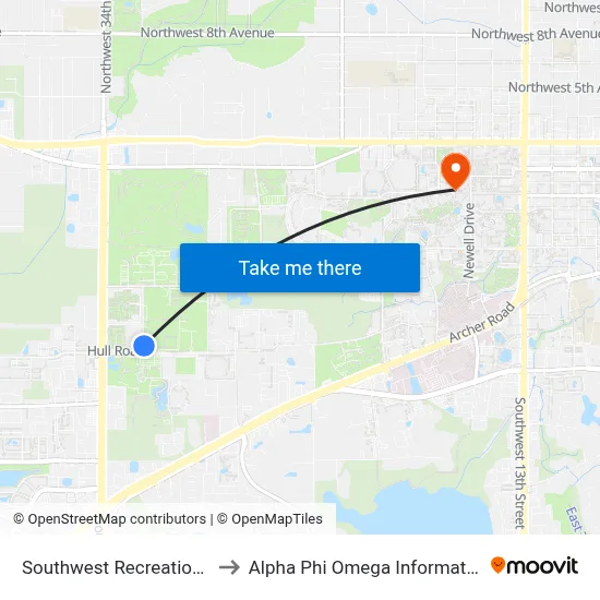 Southwest Recreation Center to Alpha Phi Omega Information Booth map