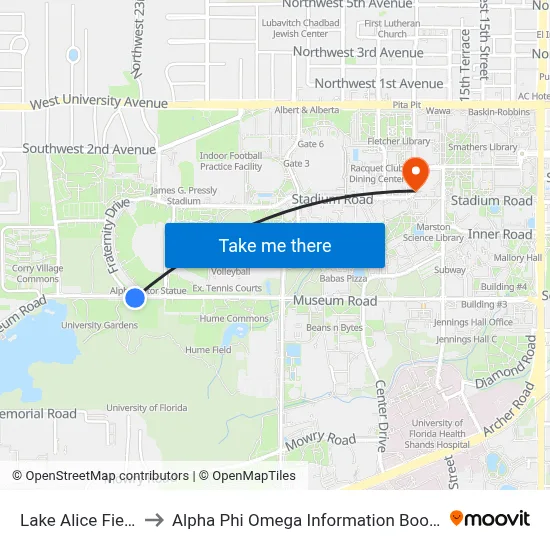 Lake Alice Field to Alpha Phi Omega Information Booth map