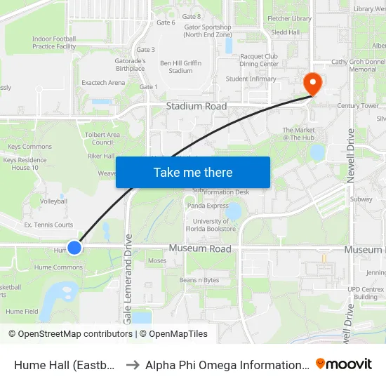 Hume Hall (Eastbound) to Alpha Phi Omega Information Booth map