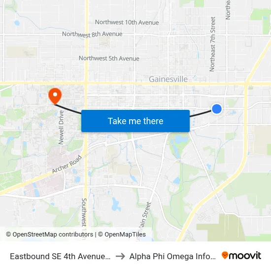 Eastbound SE 4th Avenue @ SE 8th Street to Alpha Phi Omega Information Booth map