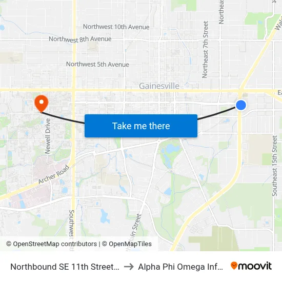 Northbound SE 11th Street @ SE 2nd Avenue to Alpha Phi Omega Information Booth map