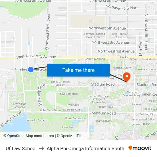 Uf Law School to Alpha Phi Omega Information Booth map