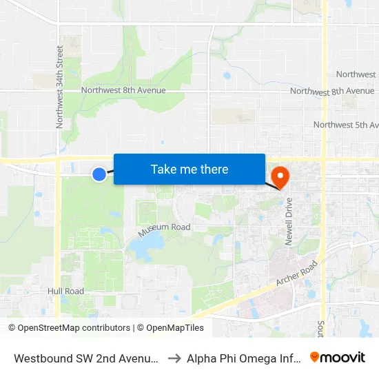 Westbound SW 2nd Avenue @ SW 30th Street to Alpha Phi Omega Information Booth map