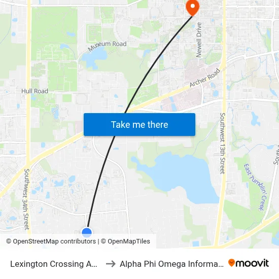 Lexington Crossing Apartments to Alpha Phi Omega Information Booth map