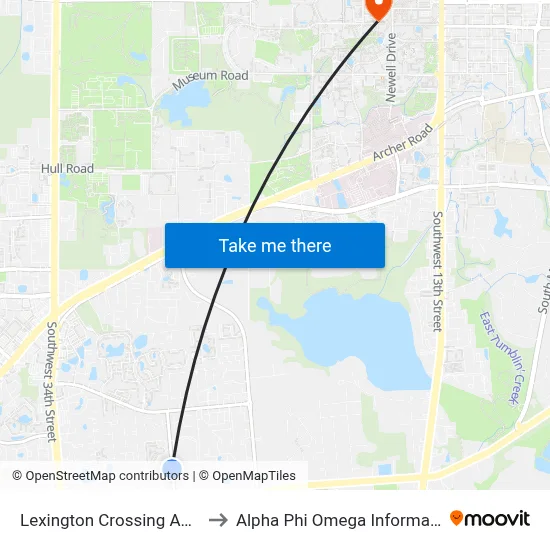 Lexington Crossing Apartments to Alpha Phi Omega Information Booth map