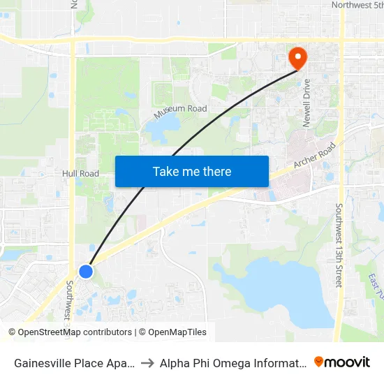 Gainesville Place Apartments to Alpha Phi Omega Information Booth map