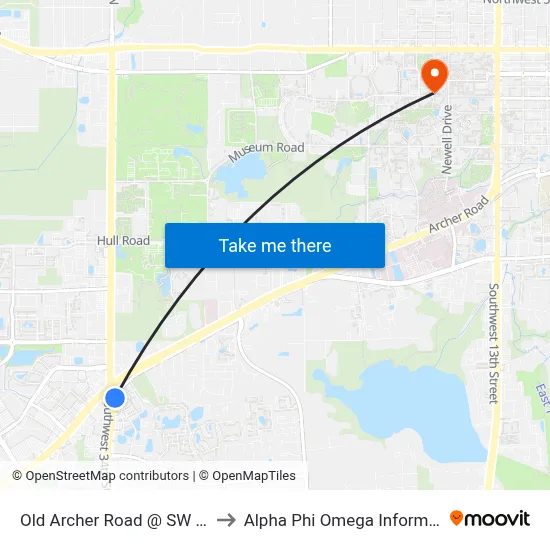 Old Archer Road @ SW 34th Street to Alpha Phi Omega Information Booth map