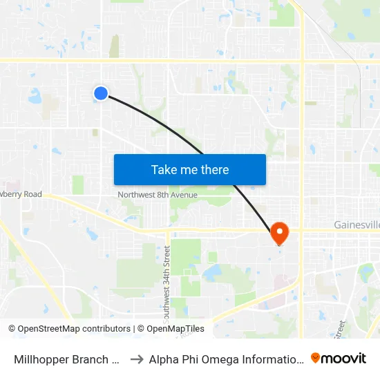 Millhopper Branch Library to Alpha Phi Omega Information Booth map