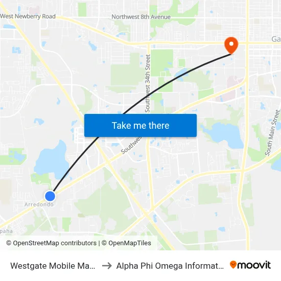 Westgate Mobile Manor Park to Alpha Phi Omega Information Booth map