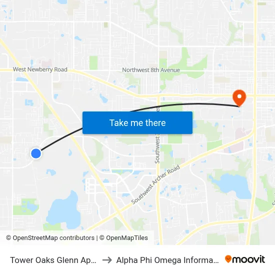 Tower Oaks Glenn Apartments to Alpha Phi Omega Information Booth map