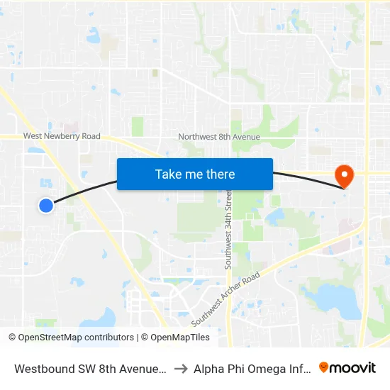 Westbound SW 8th Avenue @ SW 70th Terrace to Alpha Phi Omega Information Booth map