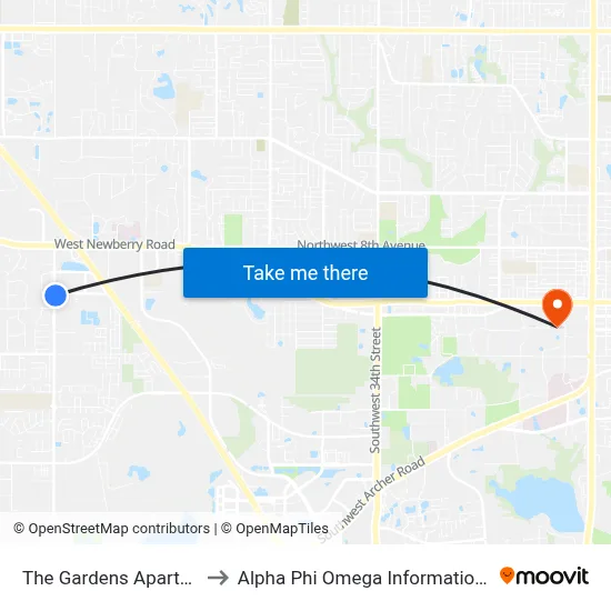 The Gardens Apartments to Alpha Phi Omega Information Booth map