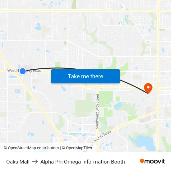Oaks Mall to Alpha Phi Omega Information Booth map