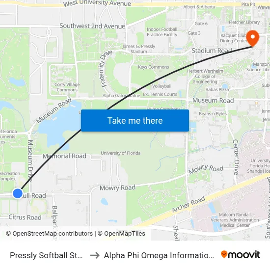 Pressly Softball Stadium to Alpha Phi Omega Information Booth map