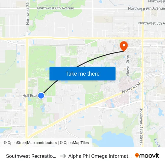 Southwest Recreation Center to Alpha Phi Omega Information Booth map