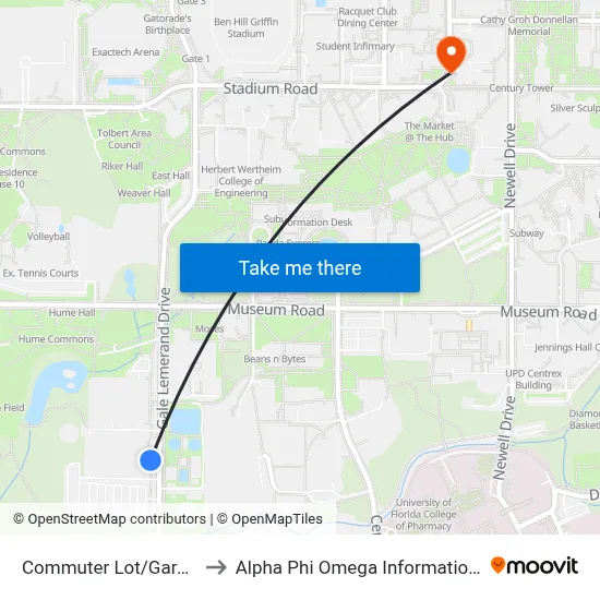 Commuter Lot/Garage 14 to Alpha Phi Omega Information Booth map