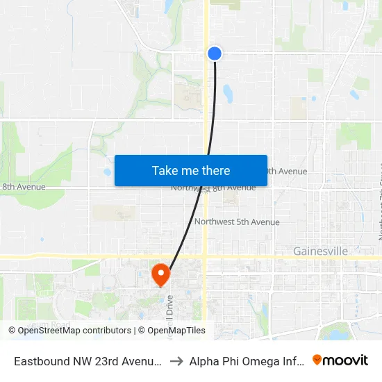 Eastbound NW 23rd Avenue @ NW 13th Street to Alpha Phi Omega Information Booth map